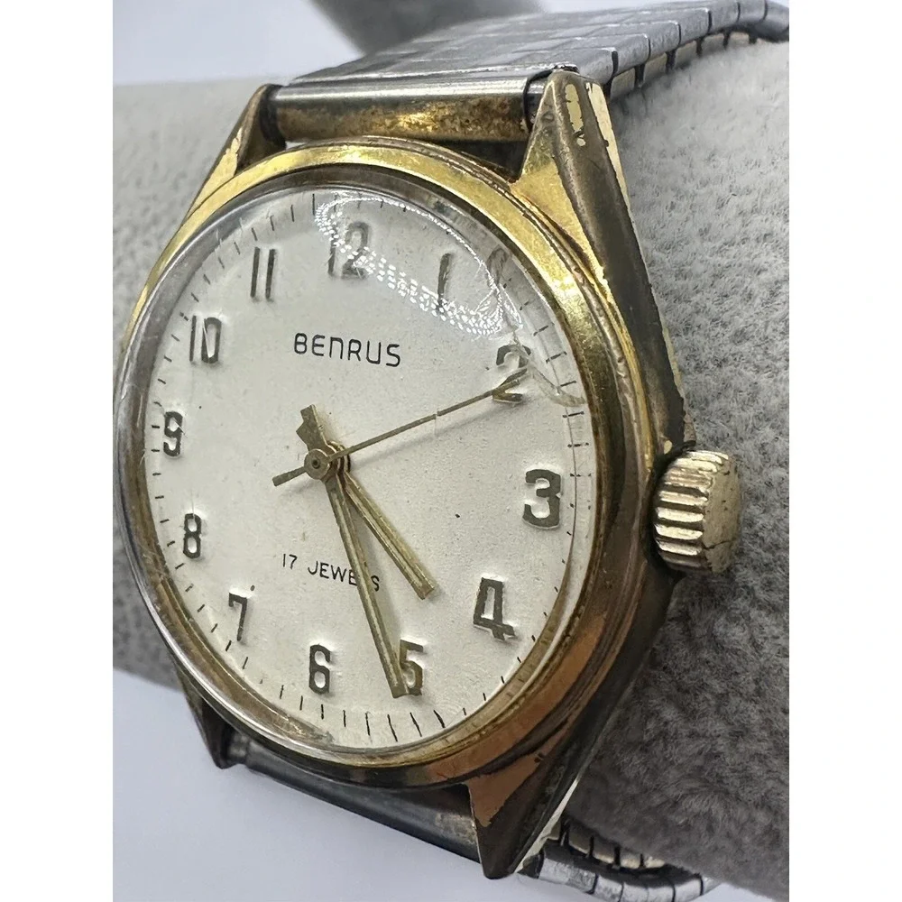 Benrus Vintage 17 Jewels Manual Wind Mens Gold Plated‎ Watch 35MM 6.5